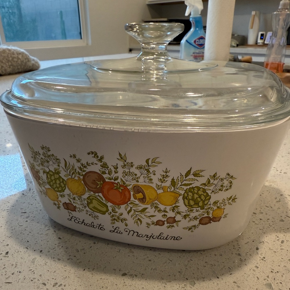 Vintage Corningware White Casserole Dish with Lid “L’echalote La Marjolaine”